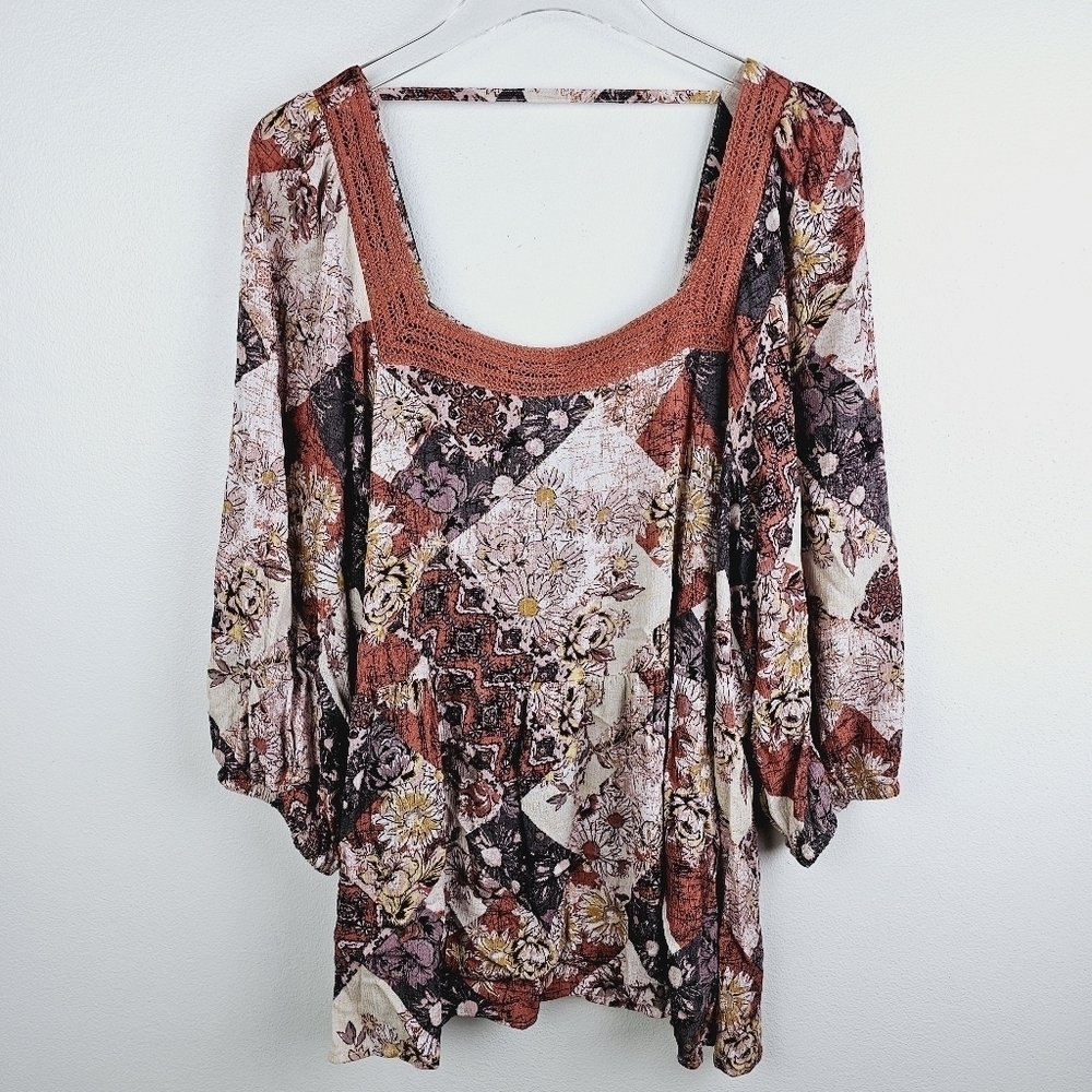 Maurices Crochet Trim Patchwork Babydoll Blouse NWT, size 1X - Picture 2 of 9
